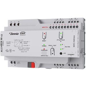 ALLinBOX 88 v2. Multifunction device with KNX power supply, KNX-IP Interface, 8 outputs/8 inputs and logic module